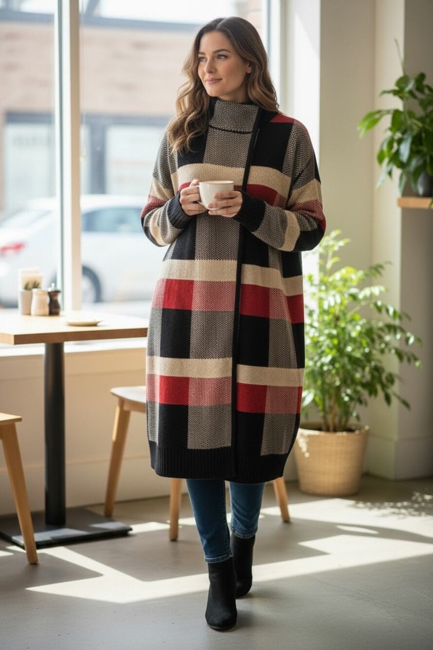 Anne Klein Fire Red & Camel Plaid Long Cardigan Snap Closure Size XL New